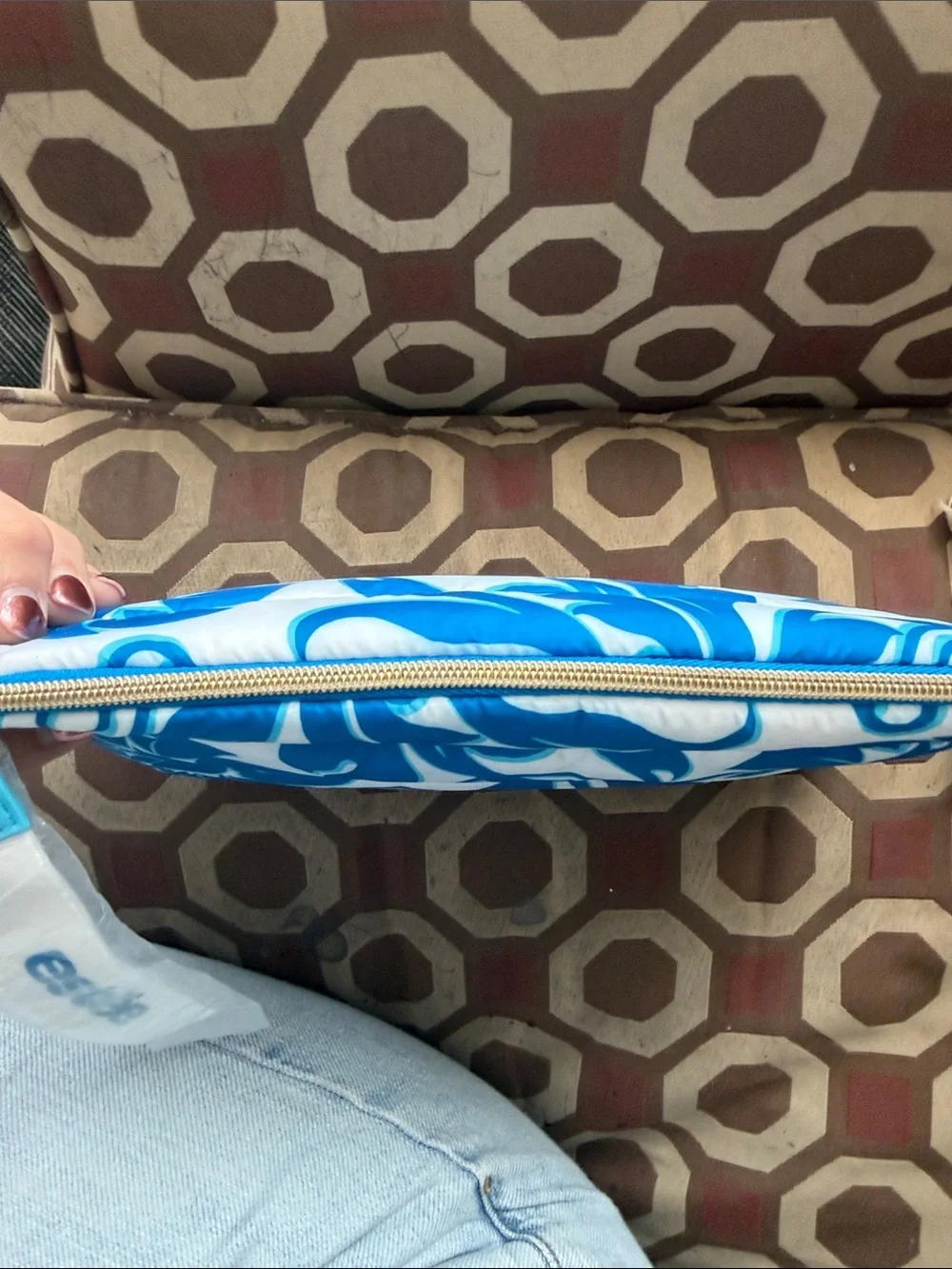 Blue Floral Quilted puffer makeup Pouch
